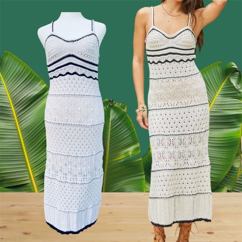 Olive & Oak White and Black Crochet Eyelet Dress Women’s Size Large Lined Boho